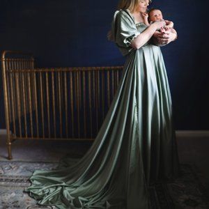 Reclamation You Go Girl in silky green satin maternity dress